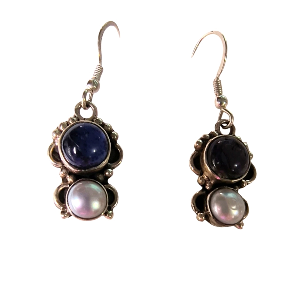Amethyst, Pearl & Sterling Silver Artisan Dangle Earrings